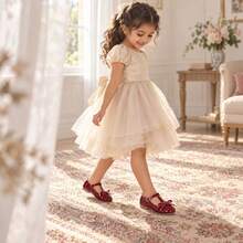 1 Pair Girls' Shiny Patent Leather Mary Jane Flat Shoes With Flower Decor And Hook & Loop Strap, Versatile For School, Indoor, Outdoor, Party, Spring, Autumn And All Seasons - Burgundy - View 2