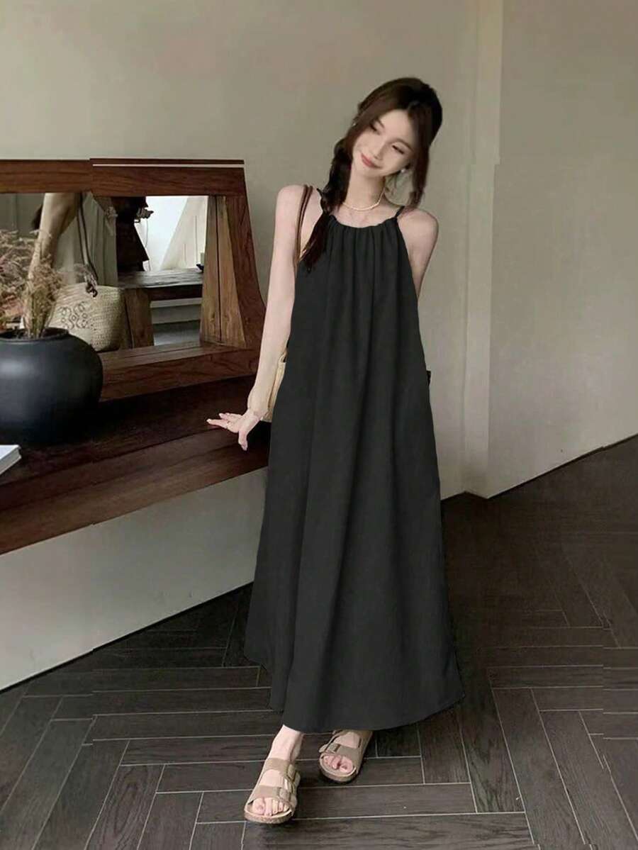 夏季法式休闲宽松纯色吊带连衣裙 黑色优雅 - 黑色 - 查看 1