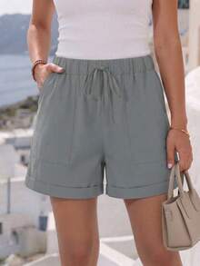 Jisfaneya Women's Solid-Color Drawstring Waist Shorts For Vacation And Leisure Casual Summer - Grey - View 2