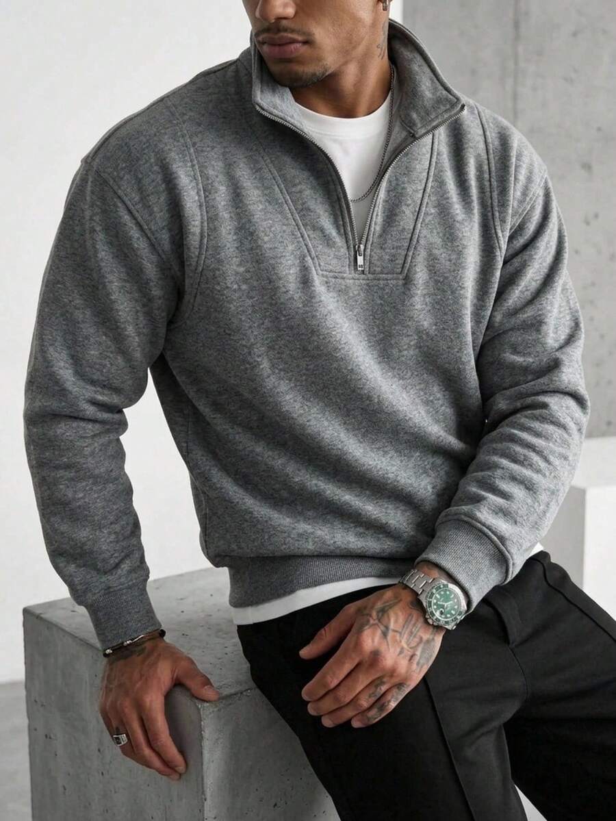 Men's Solid Color Zipper Design Long Sleeve Casual Loose Fit Sweatshirt - Dark Grey - View 1