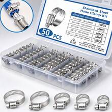 50Pcs Stainless Steel Hose Clamp Kit, 5 Sizes Adjustable Pipe Clips, Lock Fittings For Household Sewer Drain Hoses, Auto Machinery Hose Fasteners, Sturdy Anti-Loose Men Household Tools, For Garden Irrigation, Oil Air Water Pipe Clamping Parts - American Style Clamp Set - View 2