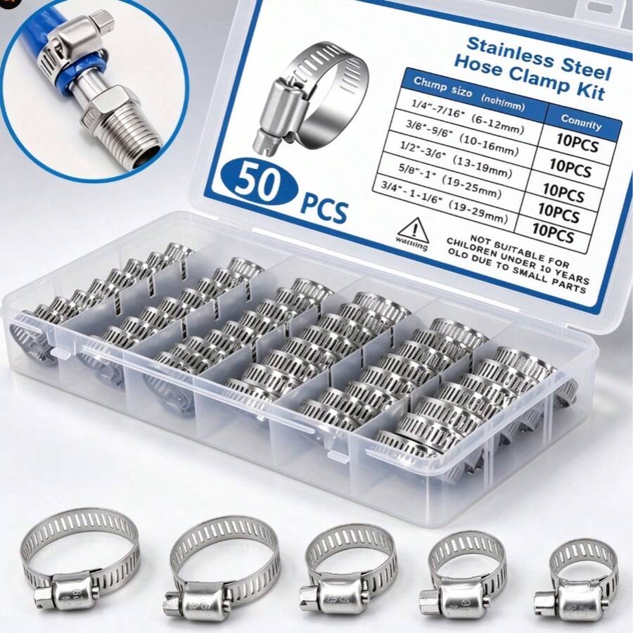 50Pcs Stainless Steel Hose Clamp Kit, 5 Sizes Adjustable Pipe Clips, Lock Fittings For Household Sewer Drain Hoses, Auto Machinery Hose Fasteners, Sturdy Anti-Loose Men Household Tools, For Garden Irrigation, Oil Air Water Pipe Clamping Parts