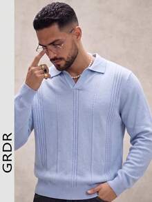 GRDR Men's Business Casual Light Blue V-Neck Knit Sweater - Blue - View 3