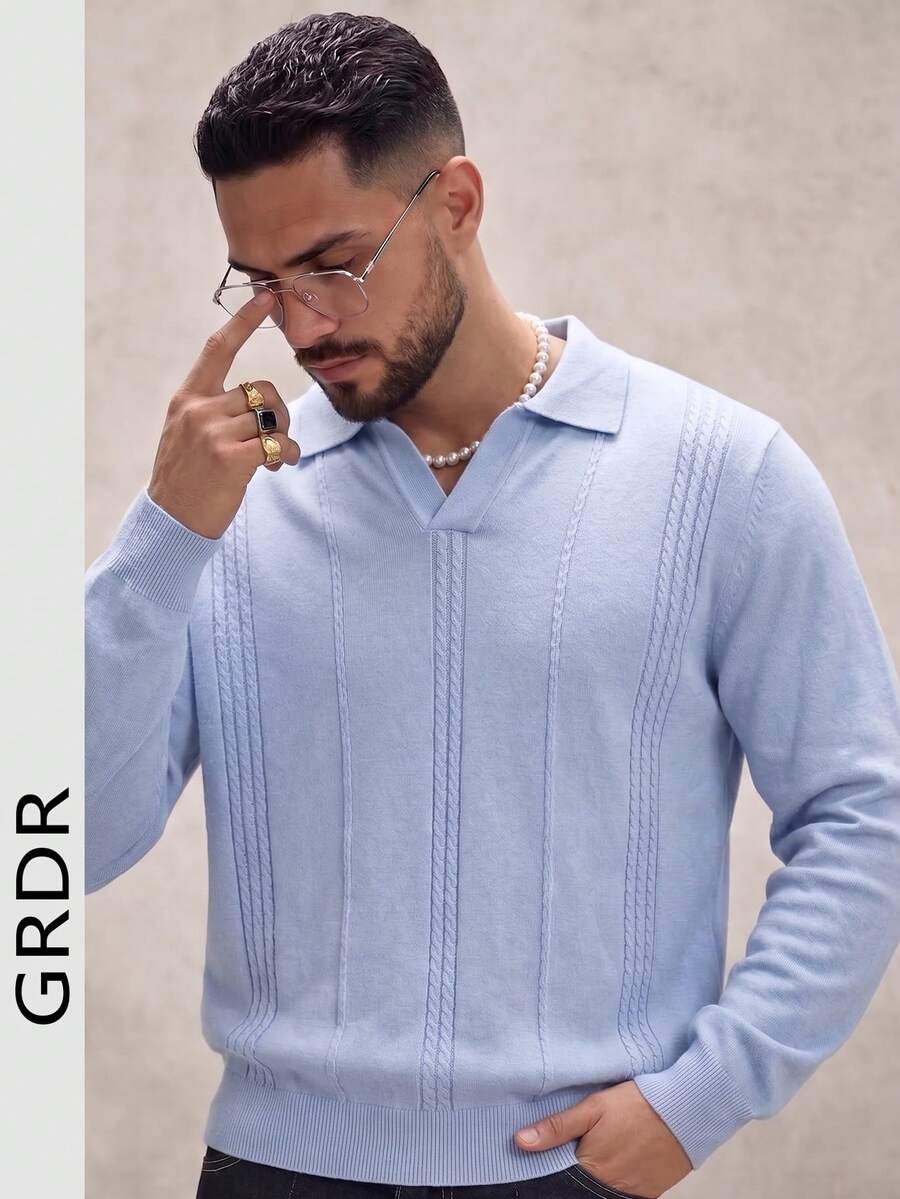 GRDR Men's Business Casual Light Blue V-Neck Knit Sweater - Blue - View 1