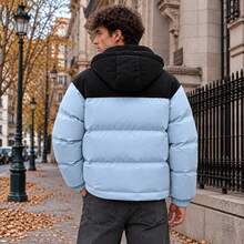 Men's Winter Hooded Padded Coat, Corduroy Patchwork, Standard Fit, Long Sleeve With Pockets - Dusty Blue - View 3
