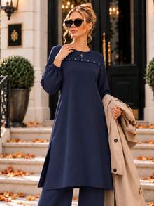 Women's Elegant Black Modest Two Piece Set – Pearl Detail Long Tunic & Wide Leg Pants – Chic Autumn - Navy Blue - View 6