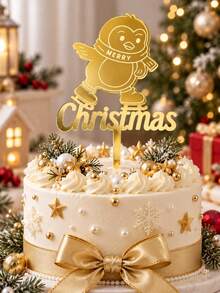 3件組金色鏡面壓克力聖誕蛋糕裝飾插牌,雷雕溜冰企鵝圖案與Merry Christmas字母,適用於聖誕派對、冬季慶祝與甜點桌節日蛋糕裝飾 - A - 查看 8