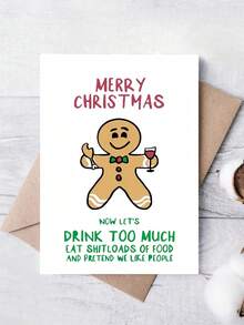1pc Sarcastic Holiday Card For Friend, Coworker – Gingerbread Man Wine Food Cartoon, Christmas Party Humor, Thickened, With Envelope - A - View 10