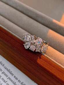 1pc Copper Asymmetric Cubic Zirconia Open Band Ring, Niche Design, Elegant, Romantic, Sparkling, Luxurious, Versatile Index Finger Ring For Women, Suitable For Daily Wear, Festivals And Parties - Silver - View 3