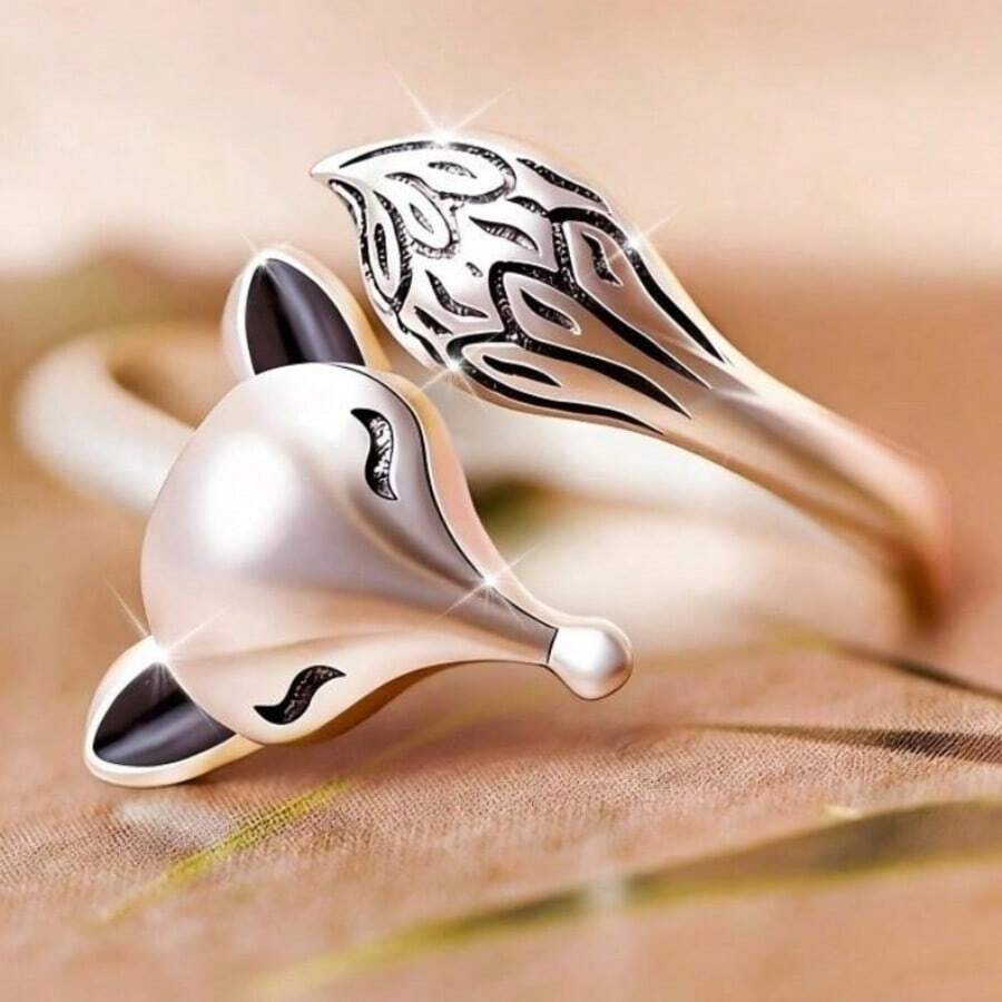 Elegant Fox-Shaped Open Ring, Exquisite Intricate Leaf Pattern, Suitable For Women's Daily Wear Accessory