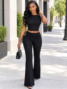 FQLWL Summer Outfits For Women Street Two Pieces Set Off The Shoulder Sans Manche Women Match Ruched Long Pants Women Suit Set - Black - View 1