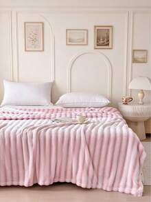 1pc Striped Print Faux Rabbit Fur Blanket, Soft Comfortable Warm Blanket For Home Decor, Suitable For Bed, Sofa, Office, Room Decoration, Dorm, Machine Washable - Pinkish White - View 10