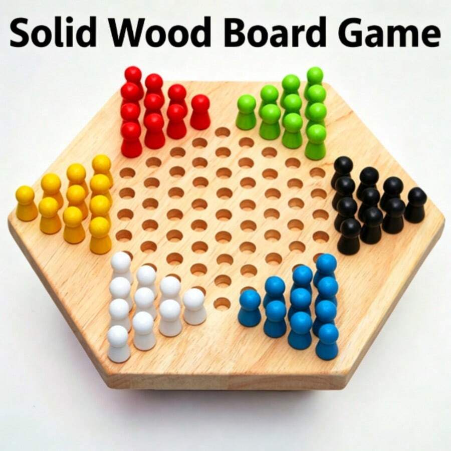 1pc Solid Wood Chinese Checkers Set, Solid Hexagonal Board, Suitable For 6 Players, Classic Family Party Game, With Colorful Game Pieces, Fun Strategy Game For All Ages - Multicolor - View 1