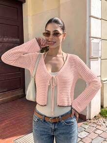 Cardigan court à nouer devant pour femmes, pull en tricot style bohème à manches longues et col en V, tricot à la mode pour femmes, convient pour un port quotidien - Rose bonbon - Voir 7