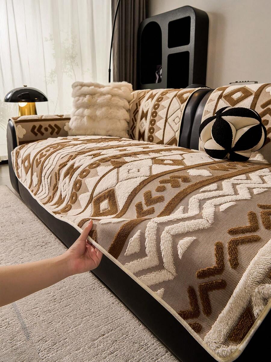1pc Bohemian Style Geometric Rhombus Sofa Cushion, Short Plush Sofa Cover, Machine Washable, Pet Friendly, Wear-Resistant Non-Slip Back, Suitable For 1-4 Person Sofa. Living Room, Apartment And Office All Season Sofa Protector - Coffee - View 1