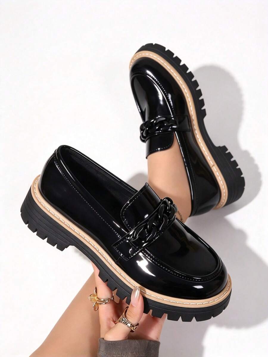 Muse Loafer Women's Slip-On Chunky Heel Loafers, Fashion Penny Shoes, Classic Round Toe Dress Shoes For Office And Work - Black - View 1