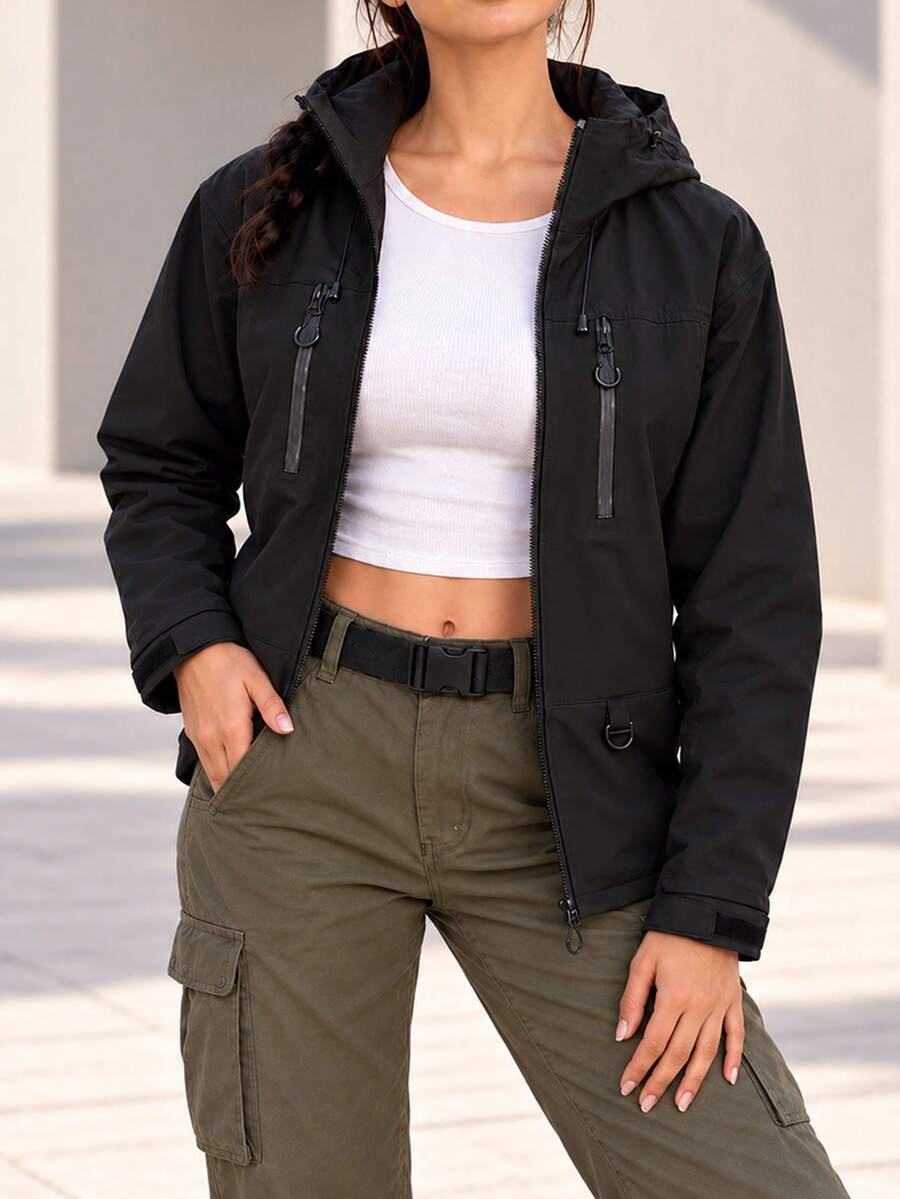 Women's Casual Hooded Jacket With Zippered Pockets Adjustable Hood Stand Collar Zip Front Outdoor Outerwear. - Black - View 1