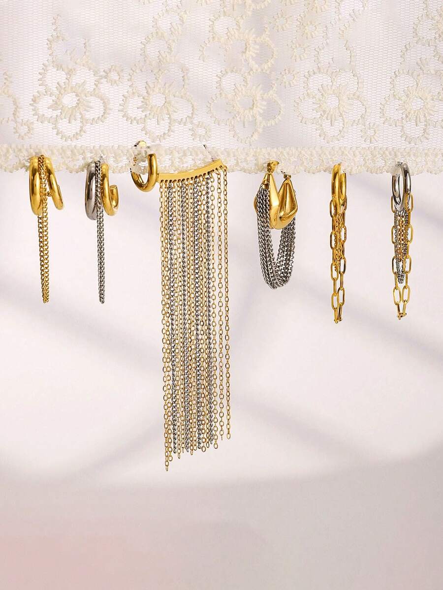 1pc Fashion Minimalist Asymmetric Multi-Element Chain Ear Cuff Earrings, Suitable For Daily Wear, Luxury High-End Feel - Gold - View 1