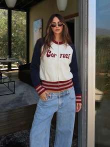 Contrast Stripe Letter Graphic Zip Up Sweater Cardigan, Long Sleeve Knit, Ribbed Trim, Blue, Cream And Burgundy, Casual Fall/Winter Layering Top - Blue - View 2