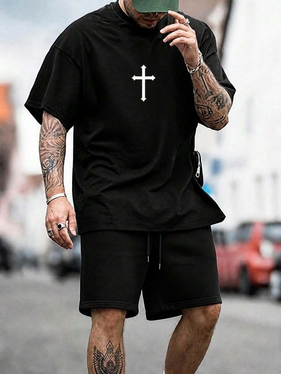 Men T-Shirt Co-Ords - Black - View 1