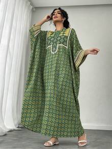 1pc Women's Arabic Abaya Dress, Autumn/Winter Green Positioned Print, Small Stand Collar, Single-Breasted, Raglan Sleeve, Loose Abaya Vacation - Green - View 1