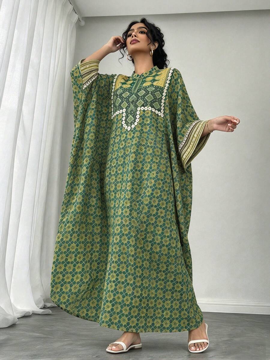 1pc Women's Arabic Abaya Dress, Autumn/Winter Green Positioned Print, Small Stand Collar, Single-Breasted, Raglan Sleeve, Loose Abaya Vacation - Green - View 1