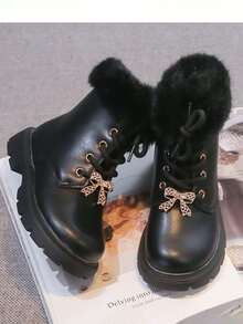 1 Pair Girls' Boots, Rhinestone Bow Fur Trim Thick Sole Warm Ankle Boots, Winter Style - Black - View 2