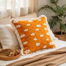 1PC Orange Polka Dot Daisy Print Tassel Square Pillow Cover, Double-Sided Printing, Simple And Fresh Style, Used For Sofa Bedroom Home Decoration, Versatile Decorative Pillow Cover(Excluding Pillow Core)-Size Excludes 3cm Tassels - Multicolor - View 9