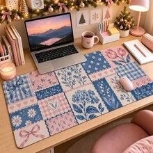 1 buah Alas Mouse Motif Kotak-kotak Biru Pink, Alas Meja Patchwork Bunga Vintage, Permukaan Serat Poliester, Alas Karet Anti Selip, Dekorasi Kantor Rumah yang Estetis, Tersedia 4 Ukuran - View 1