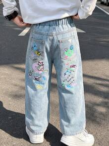 Boys Graffiti Print Distressed Jeans, 4-8 Years Light Wash Loose Fit Denim Pants, Ripped Details, Casual Street Style - Light Wash - View 1
