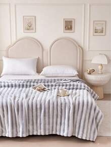 1pc Striped Print Faux Rabbit Fur Blanket, Soft Comfortable Warm Blanket For Home Decor, Suitable For Bed, Sofa, Office, Room Decoration, Dorm, Machine Washable - Light Grey - View 11