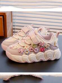 1 Pair Girls Cute 3D Flower Hook & Loop Chunky Sneakers, Soft Sole Thick Bottom Casual Sports Sneakers, All Season - Pink - View 5