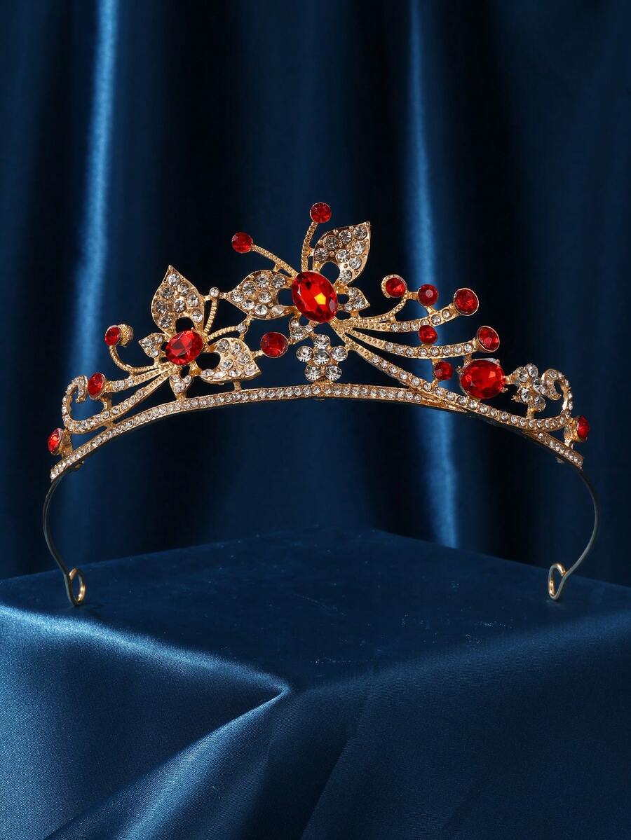 1pc Butterfly Headpiece, Women's Bridal Red Crystal Headband, Red Gemstone Rhinestone Hair Accessory, Jewelry Princess Crown, Baroque Pearl Rhinestone Crown And Headpiece - Red - View 1