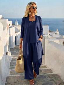 1 Set Solid Color Round Neck 2 In 1 Long Sleeve Top And Pocket Pants Casual Suit Elegant - Navy Blue - View 1