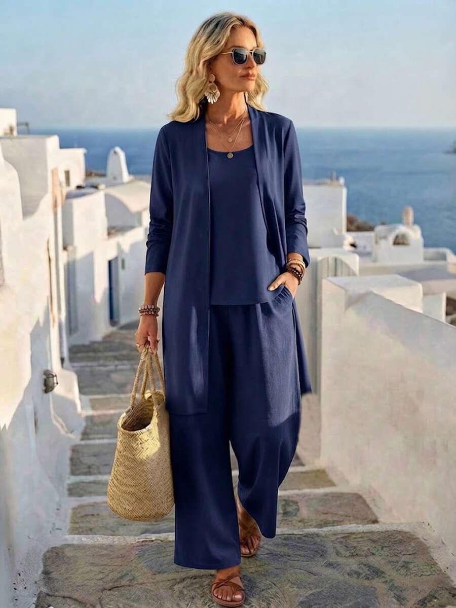 1 Set Solid Color Round Neck 2 In 1 Long Sleeve Top And Pocket Pants Casual Suit Elegant - Navy Blue - View 1