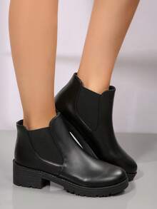 Ladies Fashion Black Slip‑On Short Chelsea Booties, Elastic Gore Ankle Boots With Chunky Block Heel For Daily Outdoor Wear - Black - View 3