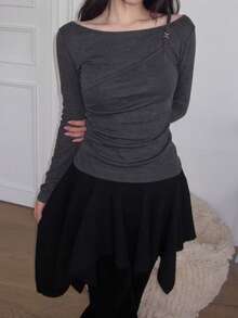 Women's 2 In 1 Patchwork Casual Versatile Daily Long Sleeve T-Shirt - Dark Grey - View 2