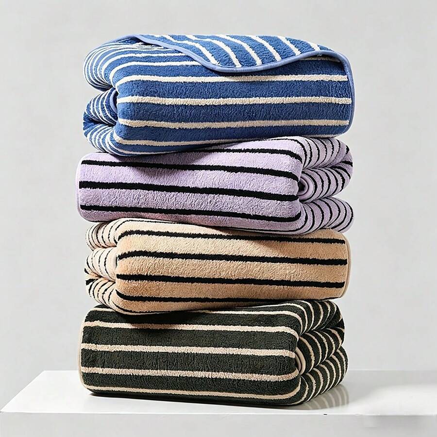 Handuk Mandi Rumah Minimalis Bergaris Bahan Mikrofiber Bulu Karang Warna Solid Lembut Menyerap Cepat Kering Ukuran 35*75cm/70*140cm/90*170cm