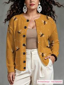 ASHKATIA Yellow Bee Pattern Women's Plus-Size Vintage Cardigan Sweater, Fall Winter Knit For Social Occasions - Multicolor - View 4