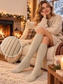 4 Pairs Women's Knee High Socks, Mocha Vertical Rib Knit Boot Socks, Stretchy Non-Slip Thermal Compression Soft Warm Ins French Retro Calf - Multicolor - View 3