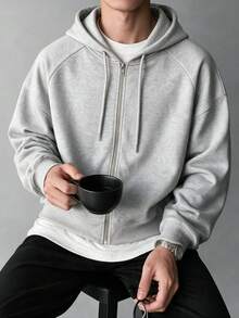 Men's Full Zip Hoodie, Casual Loose Fit, Zip-Up Hooded Sweatshirt Jacket - Light Grey - View 2