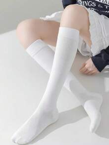 1/4 Pair Women's Pure White Ribbed Over-The-Knee Socks, Elastic Breathable Soft Knit Casual Socks, Suitable For Daily Sports, Halloween, Christmas Party - Multicolor - View 1