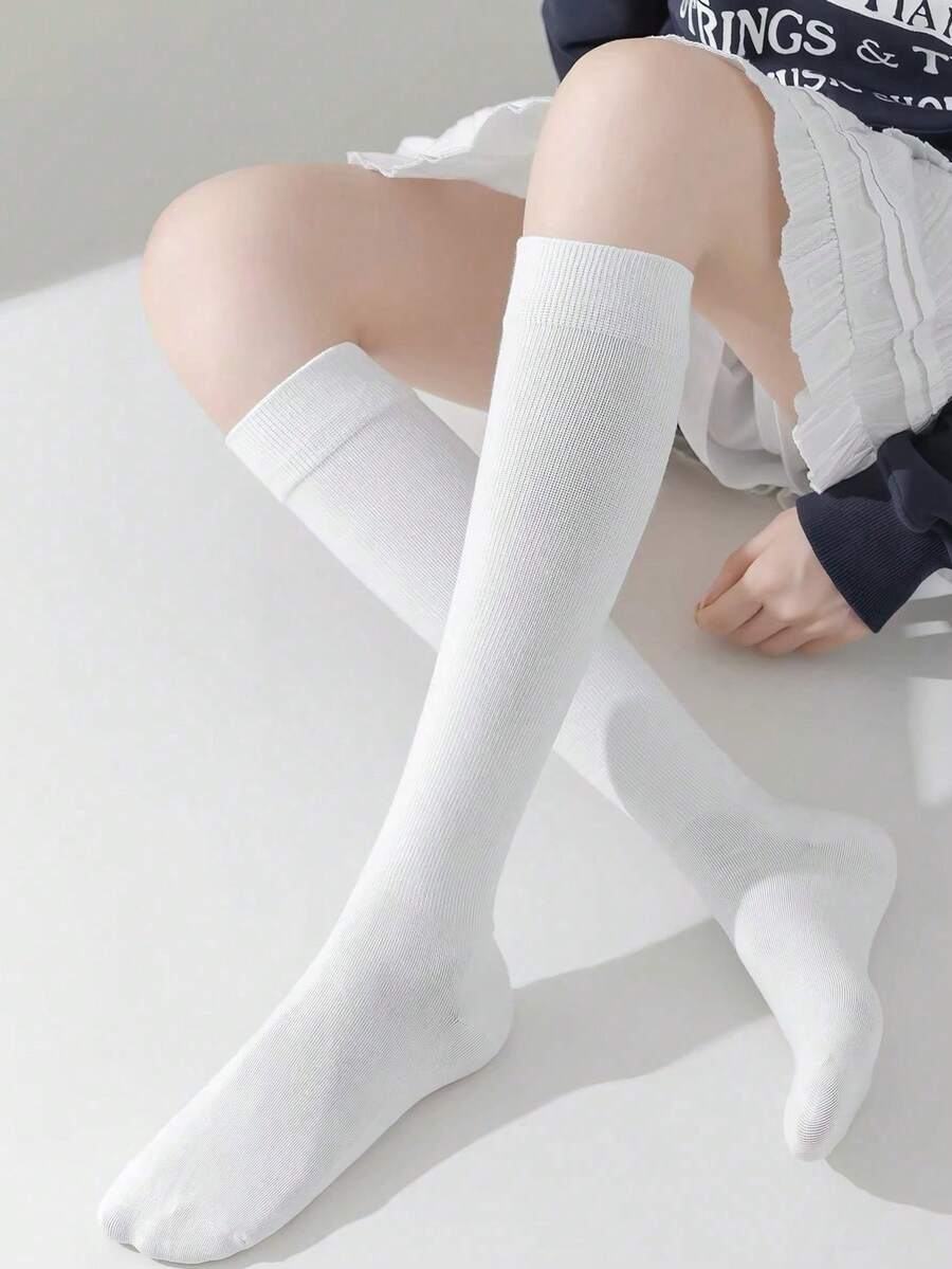 1/4 Pair Women's Pure White Ribbed Over-The-Knee Socks, Elastic Breathable Soft Knit Casual Socks, Suitable For Daily Sports, Halloween, Christmas Party - Multicolor - View 1