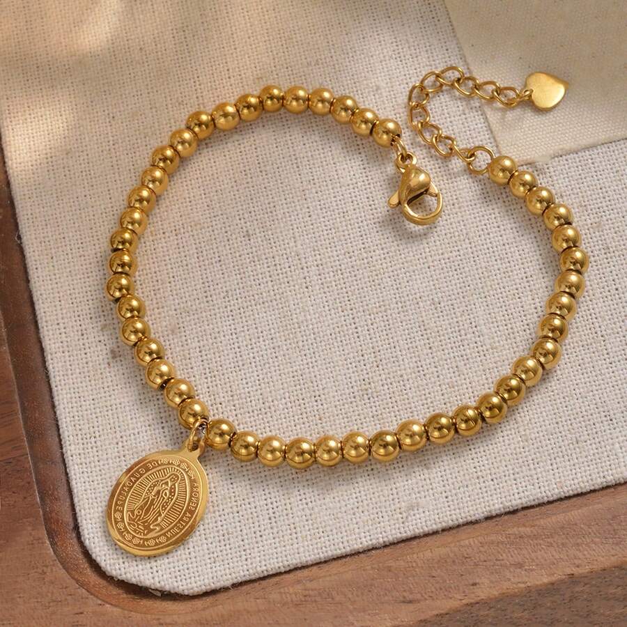 18K Gold Plated Stainless Steel Beaded Bracelet, Our Lady Of Guadalupe ...