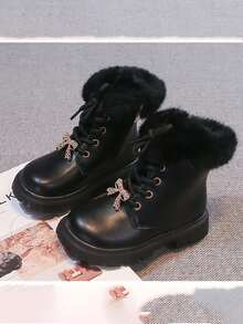 1 Pair Girls' Boots, Rhinestone Bow Fur Trim Thick Sole Warm Ankle Boots, Winter Style - Black - View 1
