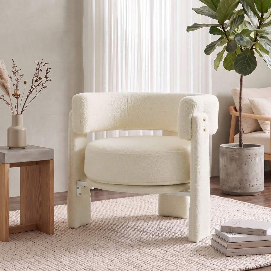 HOMCOM Sherpa Accent Chair, Upholstered Armchair, Nordic Living Room Chair With Lumbar Pillow, Padded Armrests And Thick Cushion, Cream White - Cream - View 1