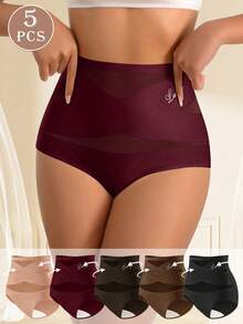 MIOTAN 5pcs Women's High Waist Panties, Cross Strap Design, Solid Color, Tummy Control, Elastic, Soft - Multicolor - View 1