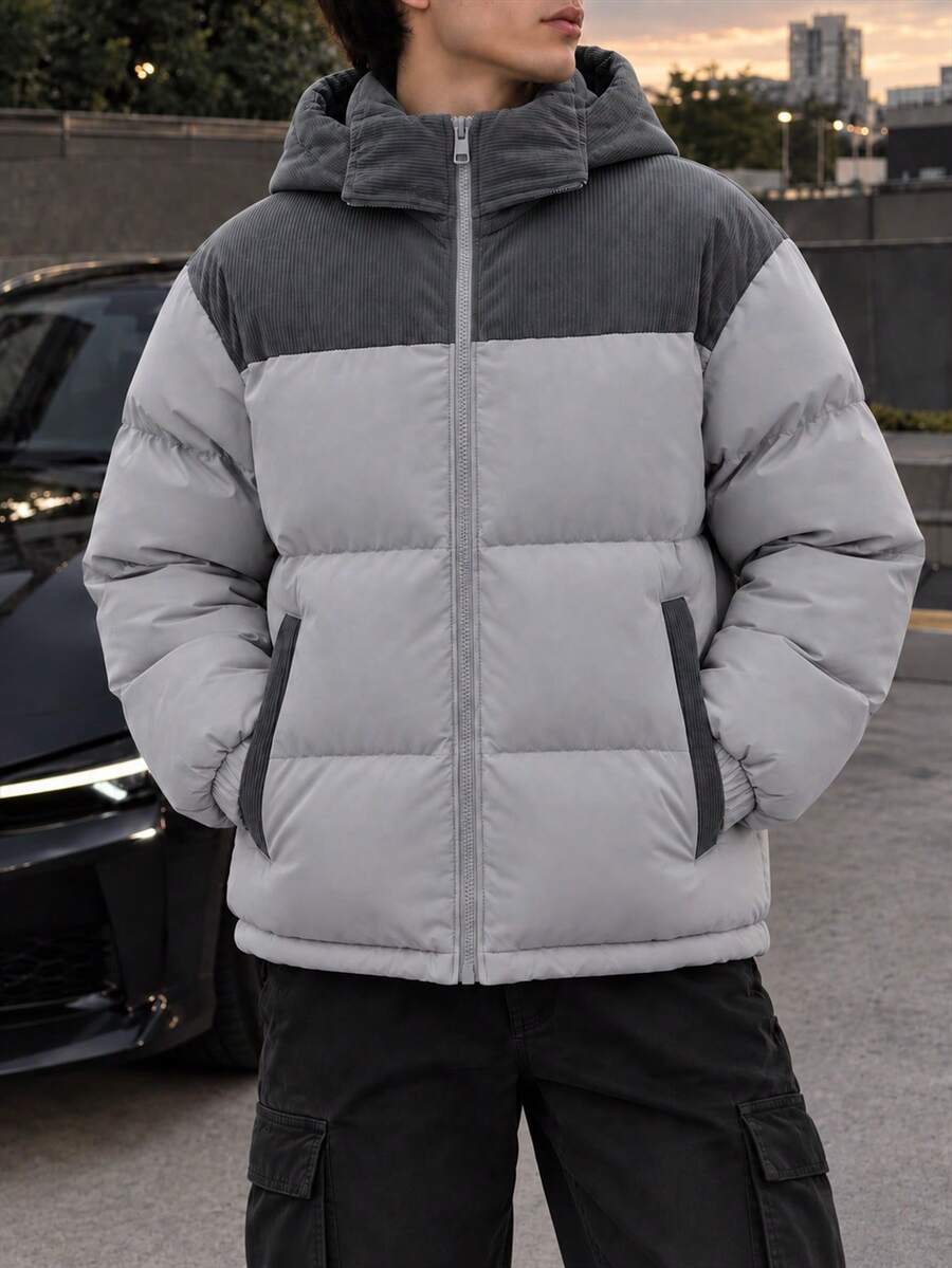 男士冬季連帽填充外套，燈芯絨拼接，標準版型，長袖附口袋