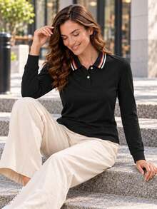 Women Black Long Sleeve Polo Shirt Striped Collar Button Placket Casual Slim Fit Spring Fall Everyday Pullover Top - Black - View 10