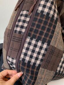Tas Tote Patchwork Kotak-kotak Retro untuk Wanita di Musim Gugur dan Musim Dingin, Gaya Santai, Tas Bahu Kapasitas Besar, Tas Komuter Bertekstur untuk Pelajar - Coffee Brown - View 7